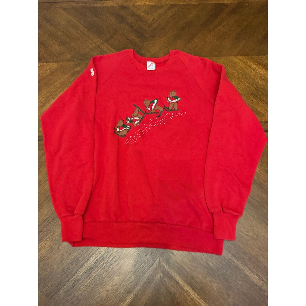 Vintage Jerzees Skiing Bears Sweatshirt Red Crewneck Made in USA XL Raglan 80s